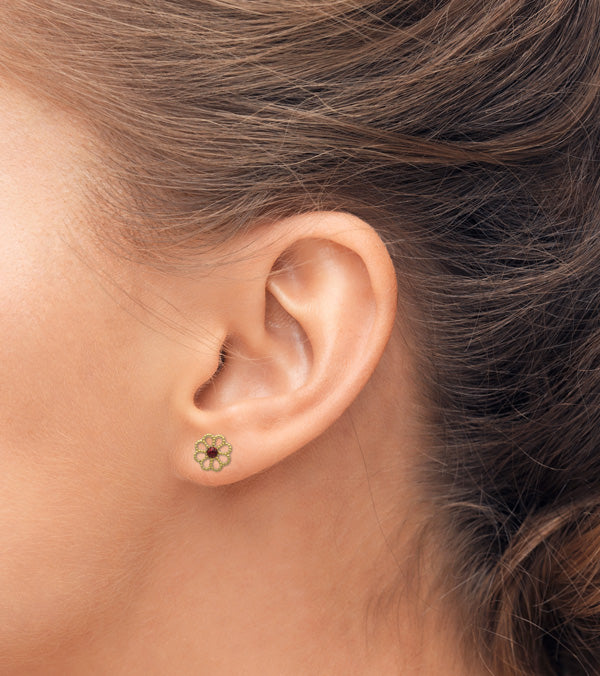 Web Stud Earrings with Red Center